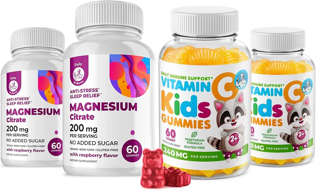 Vitamin C Gummies 120 count for Kids & Adults 240 mg and Magnesium 200 mg Gummies - Immune Support Low-Sugar Chewable Gummy Vitamins for Toddlers with Magnesium Calm Chews for Kids & Adults Sugar-Free