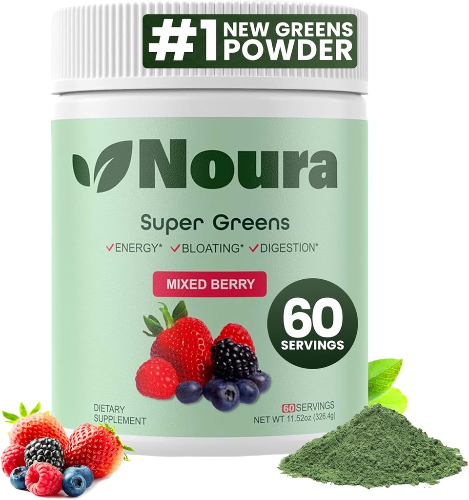 Super Greens Powder, 60 Servings - Immunity, Digestive Enzymes & Probiotics for Energy, Gut Health, Bloating Relief for Women - Greens Superfood Powder - Mixed Berry