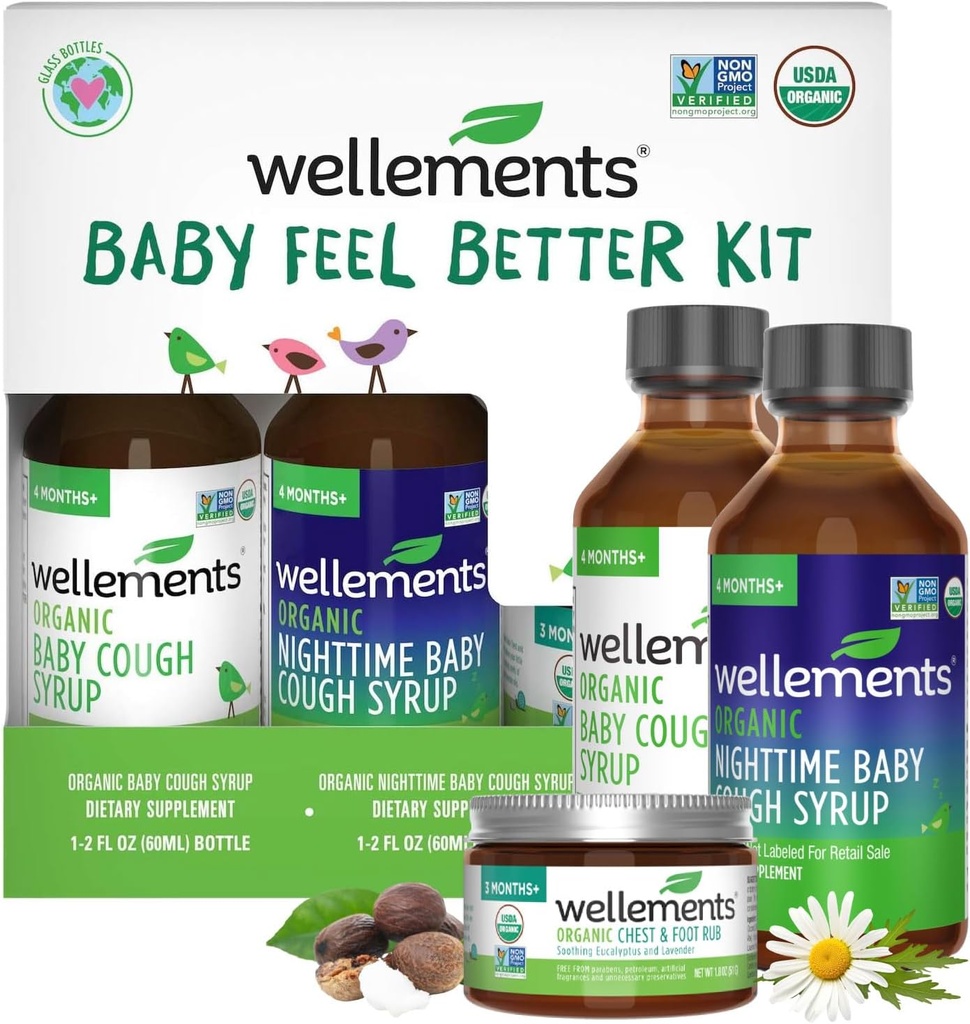 Wellements Organic Baby Feel Better Kit for 4 Months+ | Day & Night Syrups with Chest & Foot Rub | Soothing Comfort* for Babies | USDA Certified Organic, Non-GMO, Gentle Baby Care Set
