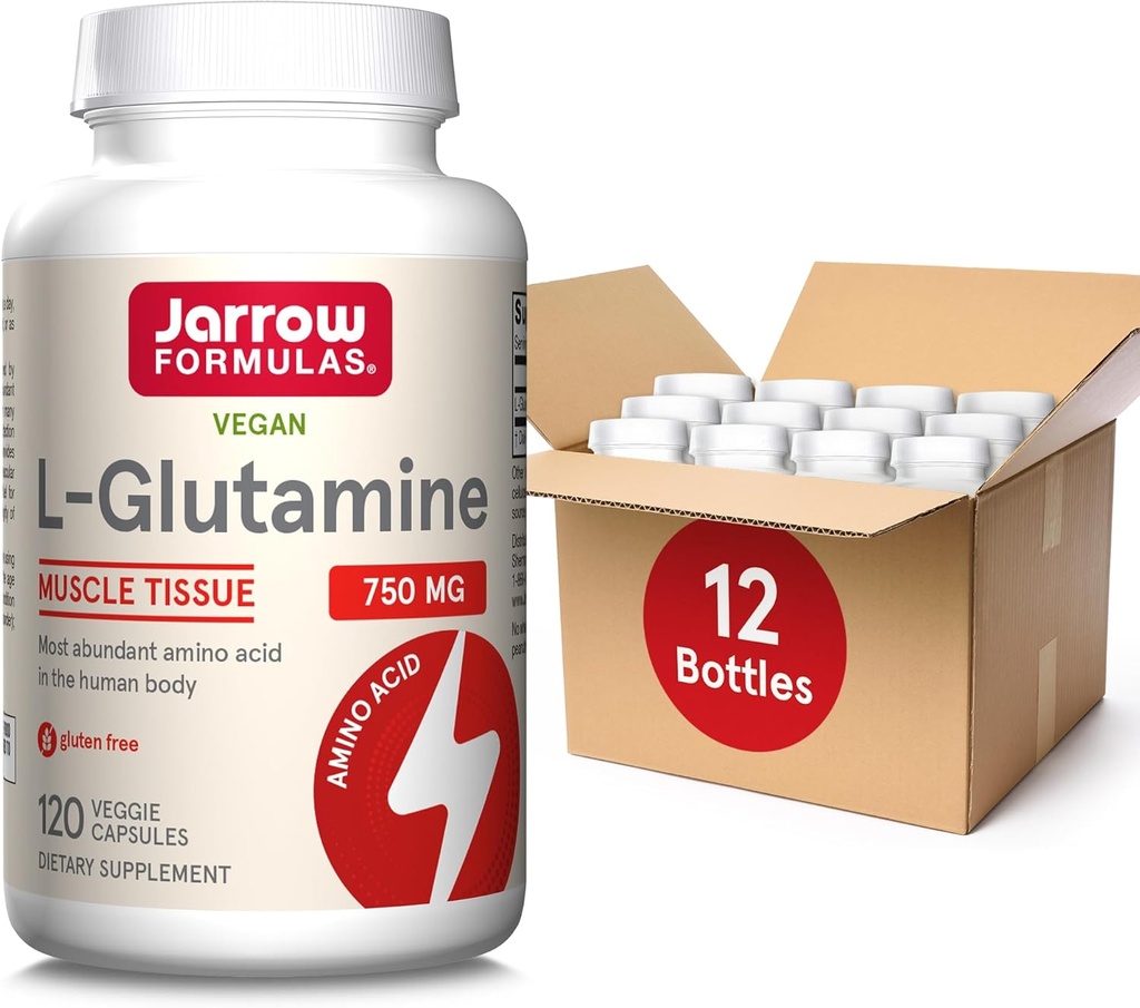Jarrow Formulas L-Glutamine 750 mg, Dietary Supplement, Immune and Muscle Support, 120 Veggie Capsules, Up to 120 Day Supply (Pack of 12)