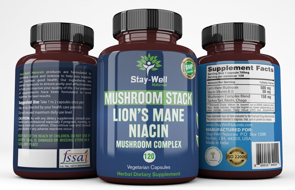 Lion Mane Mushroom Supplement Capsules with Niacin | Mushroom Complex Capsules, with Turkey Tail Mushrooms, Chaga Mushroom and Reishi Mushroom Extract, Mushroom Supplement Capsules