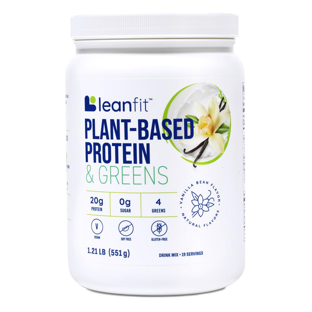 LeanFit Plant-Based Protein & Greens Natural Vanilla – 20g Plant Protein + 4 Leafy Greens Per Serving – Vegan, Gluten-Free, Soy-Free, No Sugar – 19 Servings, 1.21 Pound Tub