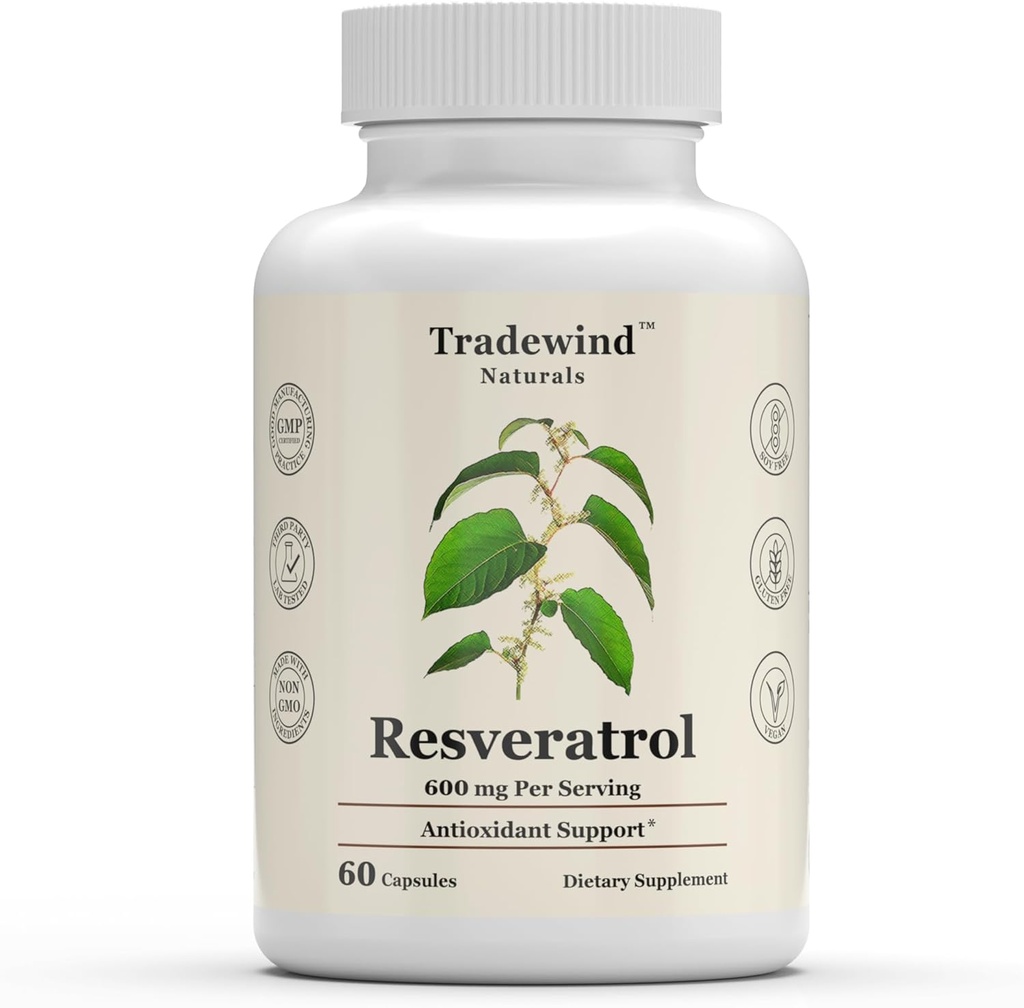 Resveratrol 600mg - Vegan - Non-GMO - Support Healthy Aging and Cardiovascular Health - Rich in Antioxidants - 60 Vegetable Capsules