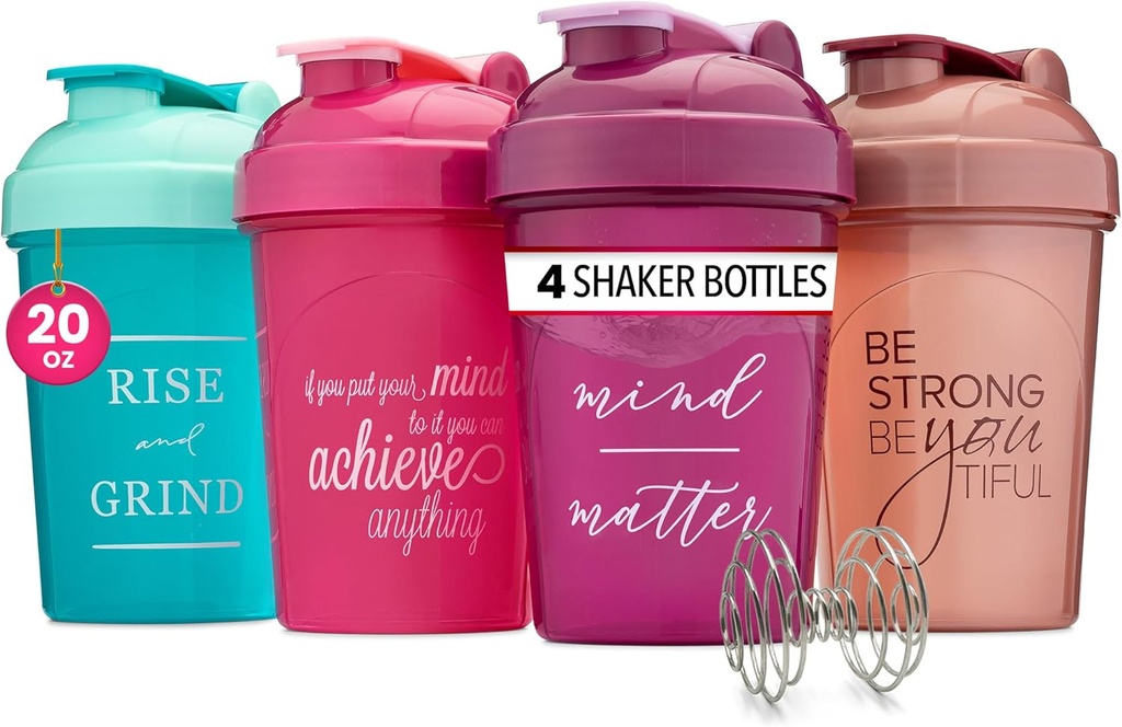 GOMOYO [4-Pack] 20 oz Protein Shaker Bottles | Women's Shaker Cups for Protein Shakes | Small Blender Shaker Bottle Set | Dishwasher Safe with 4x Wire Mixers | Pink, Purple, Teal, Rose