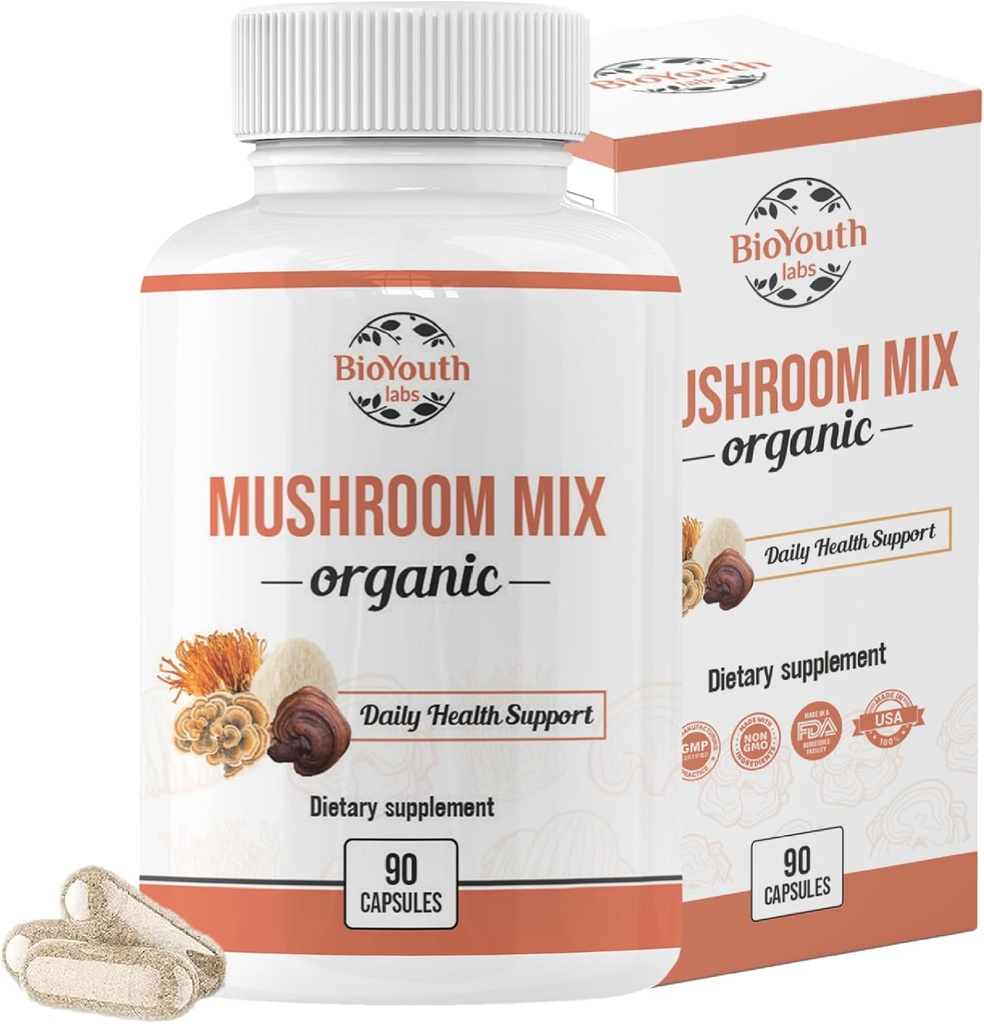 Organic Mixed Mushroom Capsules Natural Supplement | Cordyceps Sinensis, Reishi, Lion's Mane, Turkey Tail | Immune Support, Vitality Boost, Non-GMO & Allergen-Free | 90 Capsules