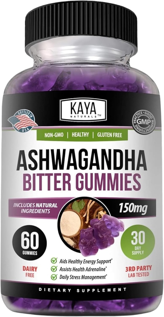 Kaya Naturals Ashwagandha Bitter Gummies - Natural Stress Relief, Boost Energy & Mental Clarity, Non-GMO, Gluten-Free, Chewable Gummies - 60 Count