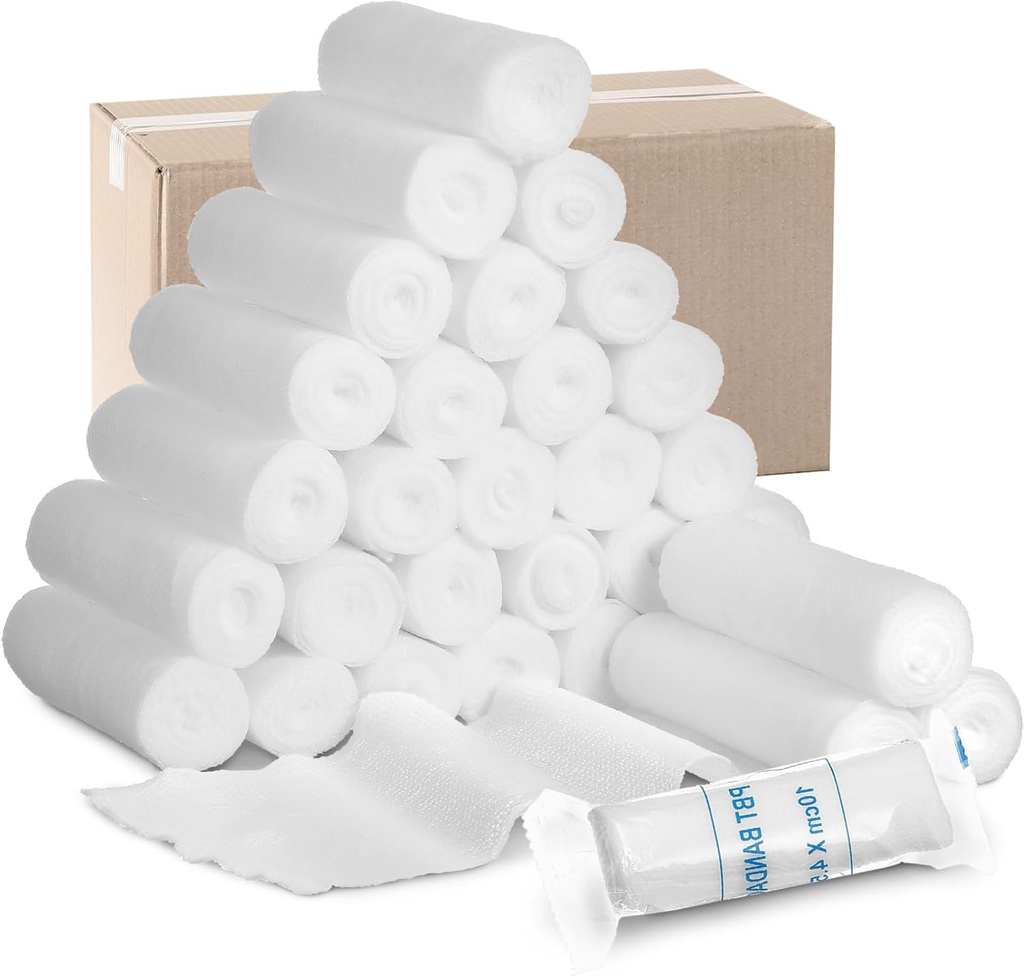 Treela 100 Rolls Gauze Bandage, 4 in x 5 Yards, Elastic Bandages Individual Packaging Sterile Non Latex First Aid Pads Medical Breathable Gauze Roll Wrap for Safety Wound Caring and Supplies