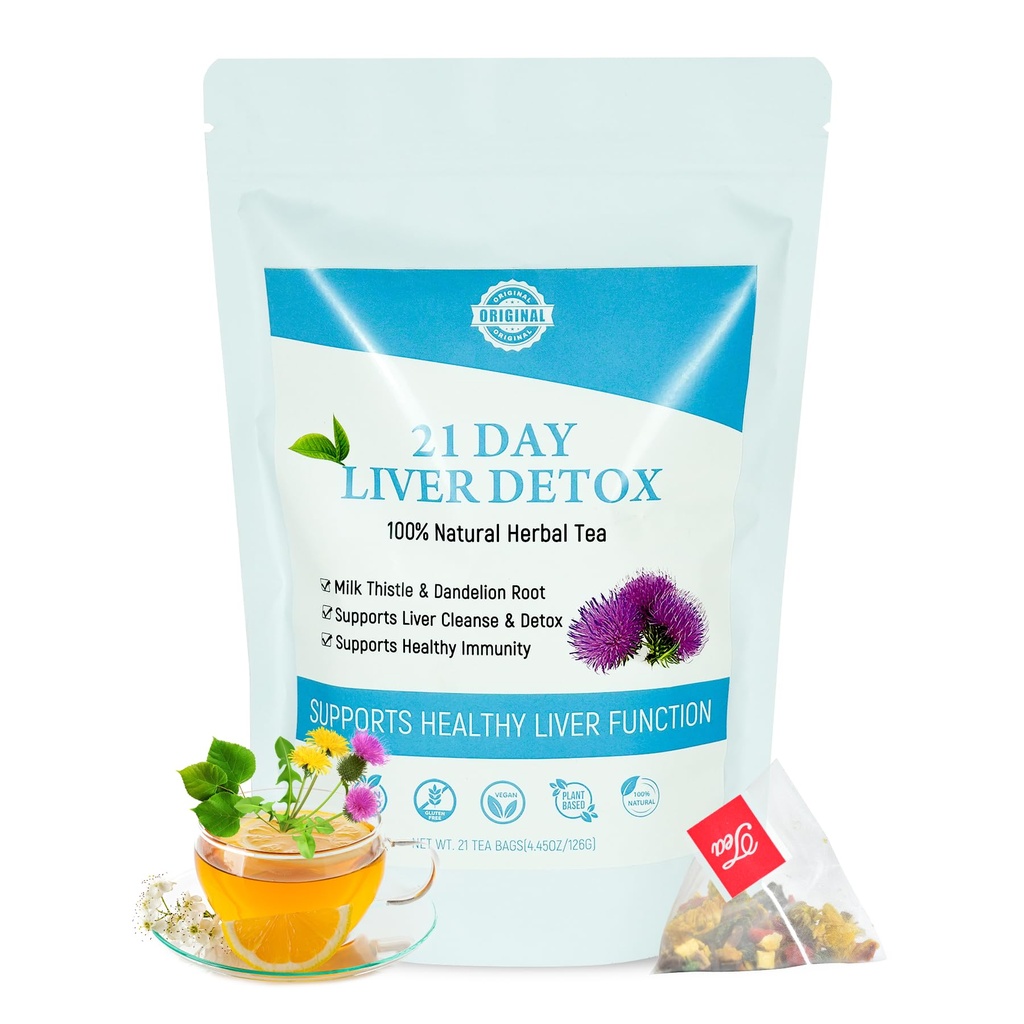 Laicuherb Milk Thistle Liver Detox Tea for Digestion and Immunity, Natural 21 Day Liver Cleanse Herbal Tea for Liver Cleansing & Stomach Care, Caffeine Free, 21 Teabags