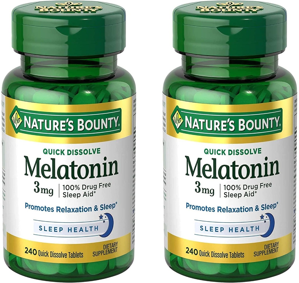 Nature's Bounty Melatonin 3mg, 100% Drug Free Sleep Aids for Adults, Supports Relaxation and Sleep, Dietary Supplement, 240 Count (Pack of 2)