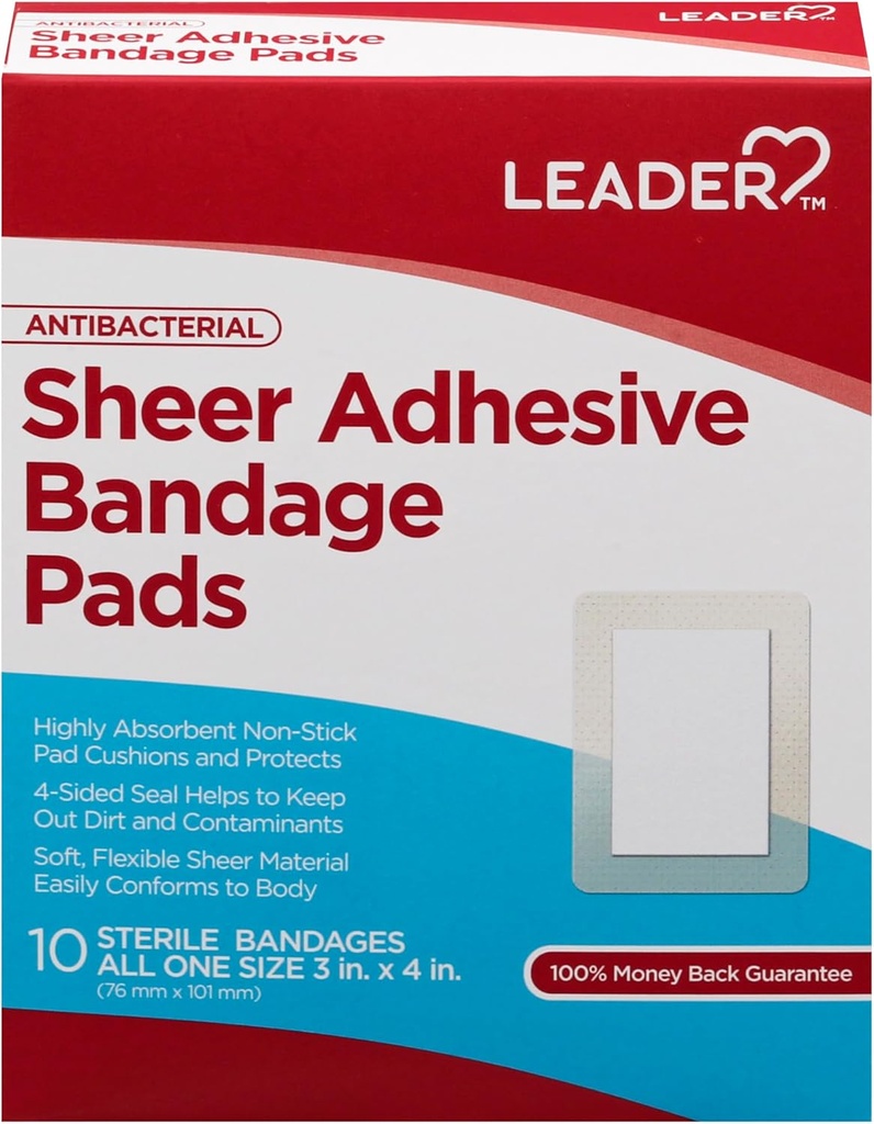 LEADER Sheer Adhesive Bandage Pads, Packs ofBlends with Skin, Highly Absorbent Non-Stick Pad, for First aid and Wound Care Protection , Compare to Band-Aid, All one Size 3/4" x 4", 100 ct.