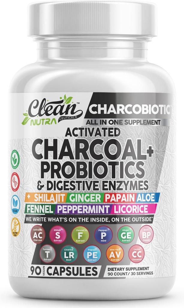 Activated Charcoal Pills for Gas Relief and Debloat, CharcoBiotic with Probiotics Digestive Enzymes Shilajit Peppermint Fennel Ginger Turmeric Licorice Root Aloe Vera Ceylon Cinnamon, Clean Nutra 90ct