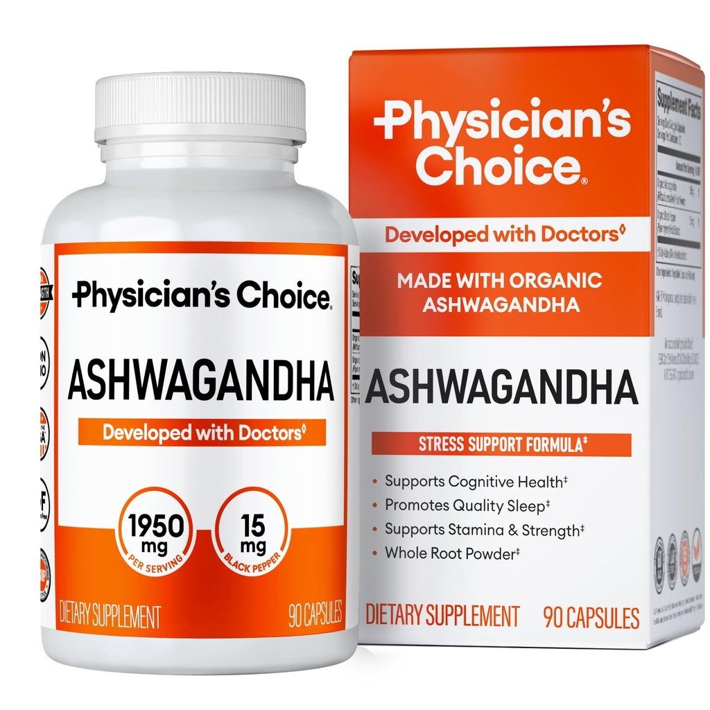 Physician's CHOICE Ashwagandha Supplement - 1950mg of Bioavailable Organic Ashwagandha Root Powder - Black Pepper Extract, Stress Support, Mood Support Supplement, 90 Veggie Capsules