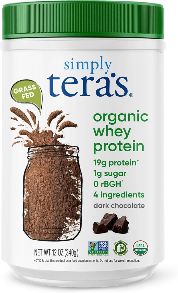 simply tera's Organic Whey Protein Powder - Grass Fed Whey Protein Powder Without Artificial Sweeteners, Clean, Non-GMO, Gluten-Free - Dark Chocolate, 12 Oz.