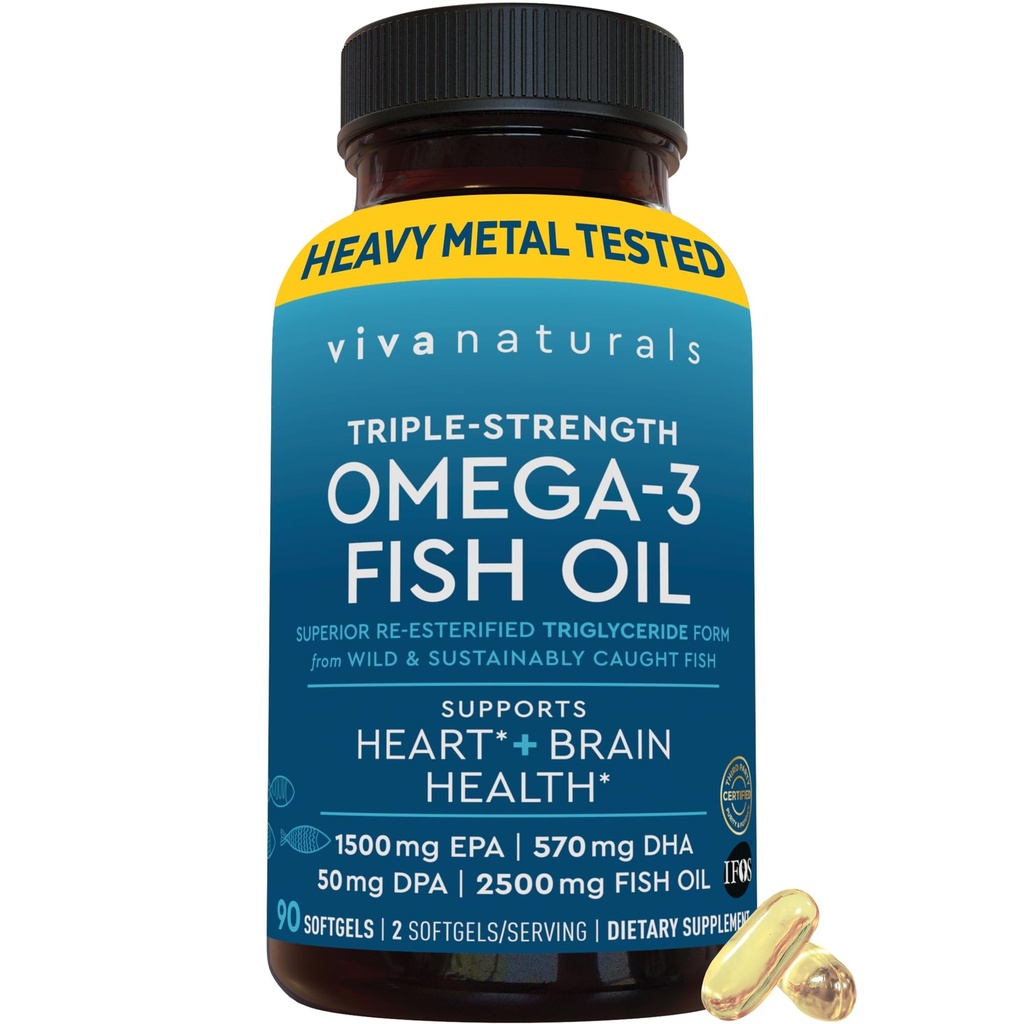 Viva Naturals Triple Strength Omega 3 Fish Oil Pills – 2500 mg High-Potency Formula with 2250 mg Omega 3 Fatty Acids (Including EPA, DHA, DPA) in rTG Form for Absorption – IFOS Certified, 90 Softgels
