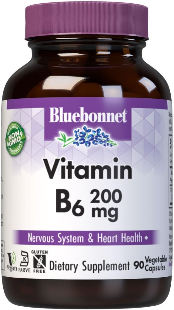 Bluebonnet Nutrition Vitamin B6 Vegetable Capsules, 200 mg, For Cardiovascular and Nervous System Health, Soy Free, Gluten Free, Kosher, Dairy Free, Vegan, Non-GMO, 90 Vegetable Capsules, 90 Servings