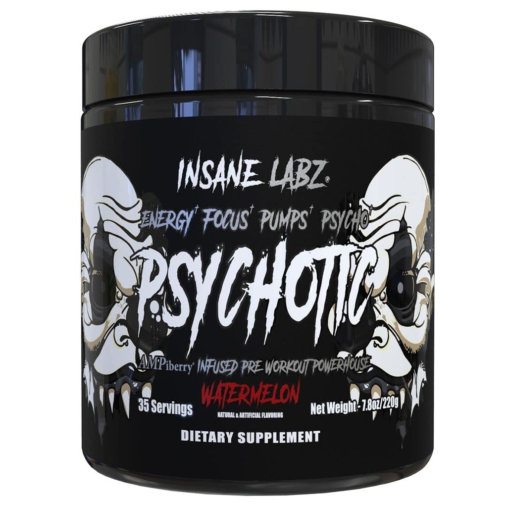 Insane Labz Psychotic Black Edition Mid Stimulant Pre Workout Powder, Energy Focus Pumps, Loaded with Creatine Beta Alanine Taurine Fueled by AMPiberry, 35 Servings (Watermelon)