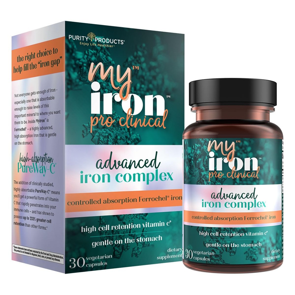 MyIron ProClinical by Purity Products - Iron (Ferrous Bisglycinate Chelelate) + Vitamin C (PureWay-C) - Gentle on The Stomach - Controlled Absorption - Promotes Healthy Red Blood Cells - 30 Count (1)