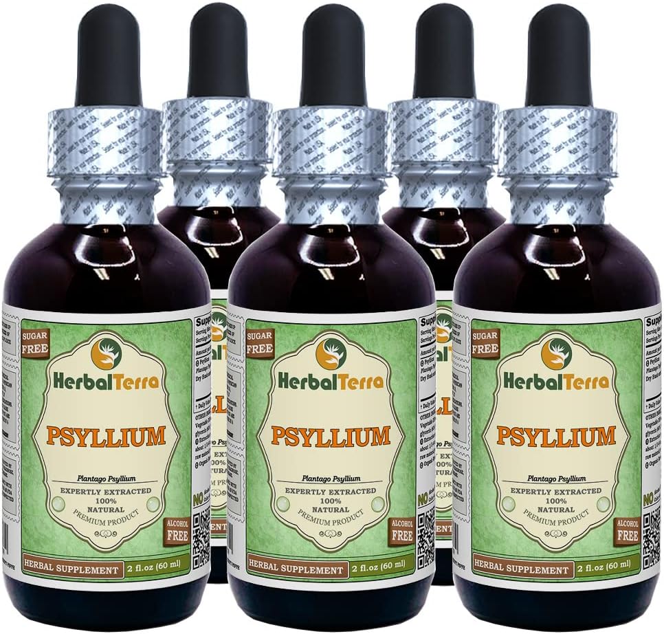 Psyllium (Plantago Ovata) Glycerite, Organic Dried Husk Alcohol-Free Liquid Extract (Brand Name: HerbalTerra, Proudly Made in USA) 5x2 fl.oz (5x60 ml)