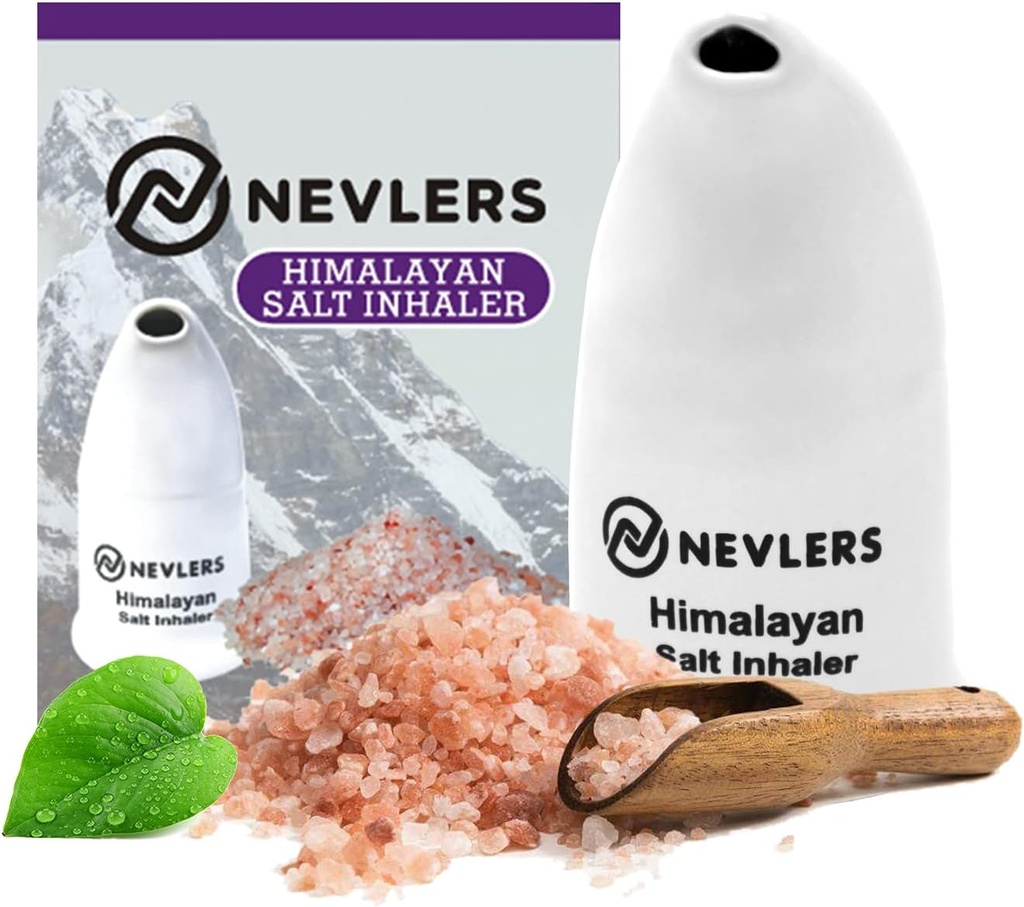Nevlers White Himalayan Salt Inhaler for Lungs & Nose with 6 Oz Coarse Pink Himalayan Sea Salt | Portable Ceramic Himalayan Pink Salt Inhaler | Natural Homeopathic Relief