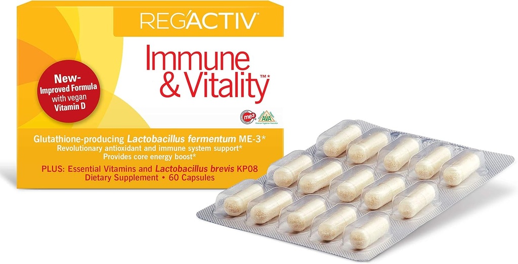 Reg'Activ Immune & Vitality - Metabolism Booster with Lactobacillus fermentum ME-3 Probiotics for Digestive Health Gut Health Supplements, with Vegan Vitamins Essential for Immune Health Maintenance