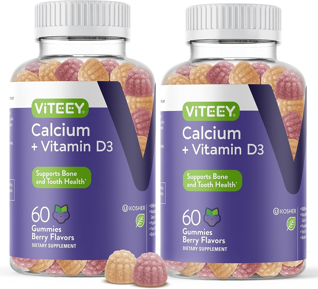 Calcium Gummies with Vitamin D3 - Supports Bone Health & Tooth Health - Chewable Calcium Gummies for Women, Men & Teens - Kosher, Gluten Free, GMO Free, Tasty Berry Flavored Calcium Chews Gummy