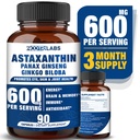 Astaxanthin 15mg + Panax Ginseng, Ginkgo Biloba Supplements, 90 Vegan Capsules, Promotes Eye Health Energy, Cardiovascular Support + Immune Defense and Focus