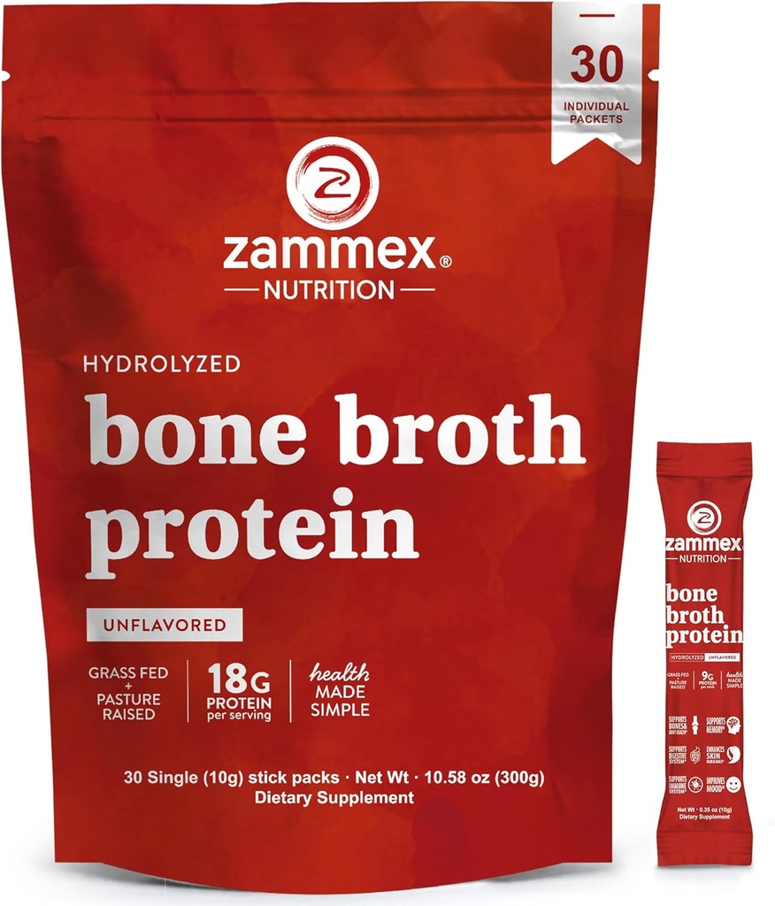 Zammex Bone Broth Collagen Packets-20g Collagen Protein-Bone Broth Powder to Go-30 Travel Packets-Supports Skin Nails Joints, Gut Health | Gluten-Free |Keto & Paleo Friendly-Natural Flavor