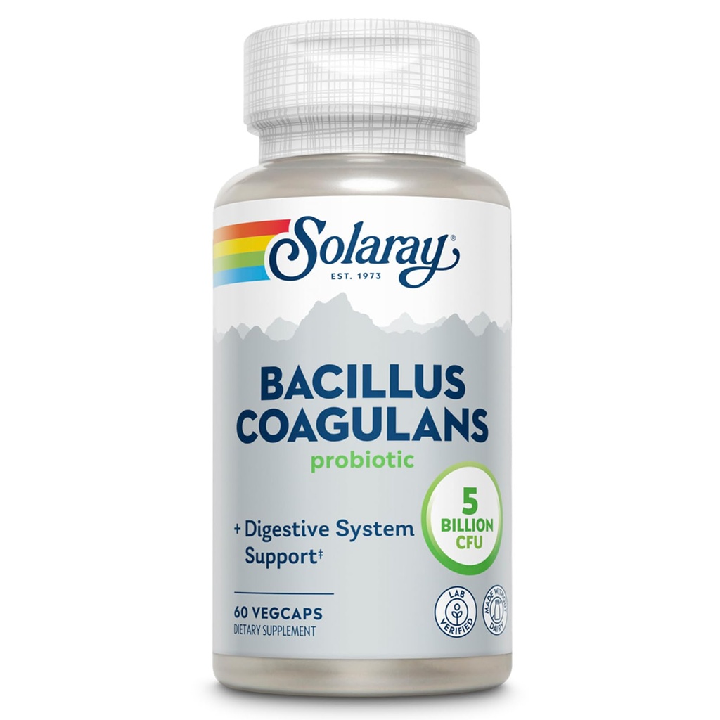 SOLARAY Bacillus Coagulans Probiotic - 5 Billion Live Microorganisms - Digestion and Gut Health Support - Full Body Health Probiotics with Inulin Prebiotic Fiber, 60-Day Guarantee, 30 Serv, 60 VegCaps
