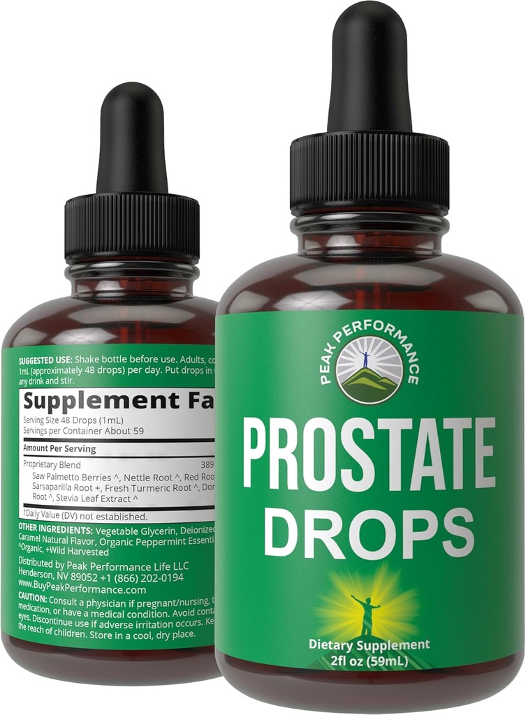 Prostate Support Supplement for Men’s Health. Vegan Kosher Prostate Health Liquid Drops with Organic Saw Palmetto, Nettle, Turmeric, Peppermint, Wild Sarsaparilla + Red Root