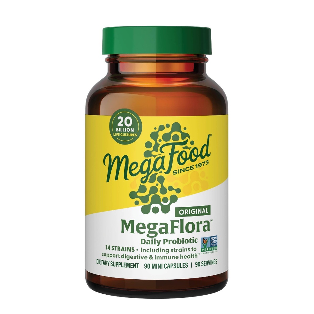 MegaFood MegaFlora Probiotic - Probiotics for Women Digestive Health - Immune Support Supplement - 20 Billion CFU - 14 Strains - Non-GMO - Vegetarian - 90 Mini Capsules (90 Servings)