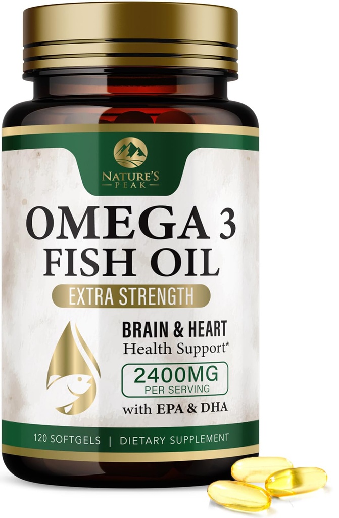 Omega 3 Fish Oil Pills 2400mg - Triple Strength Omega 3 Fish Oil Supplements - Best EPA & DHA Fatty Acids for Brain & Heart Health Support, Nature's Omega3 Supplement, 60 Day Supply - 120 Softgels