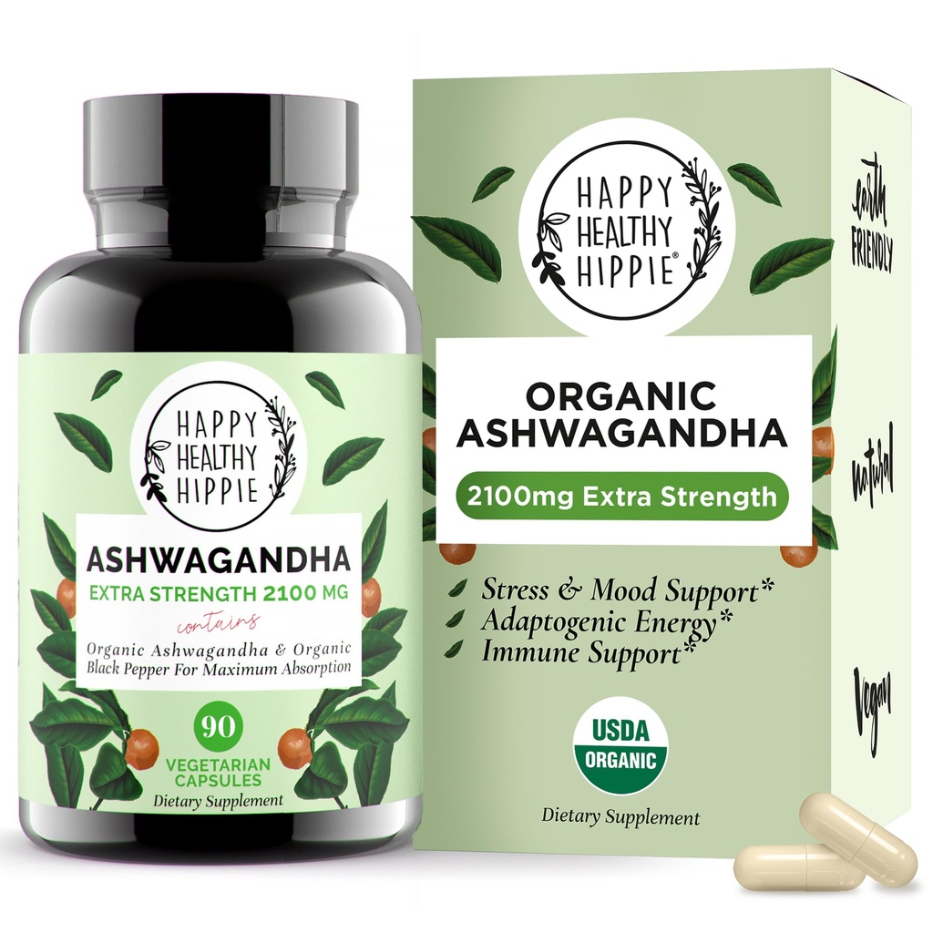 Organic Ashwagandha Capsules 2100mg | Stress Relief Supplement - Extra Strength, 100% Herbal, Energy, Mood & Cortisol Manager, Includes Black Pepper for High Absorption | Non-GMO, 90 Ct​ (30 Servings)