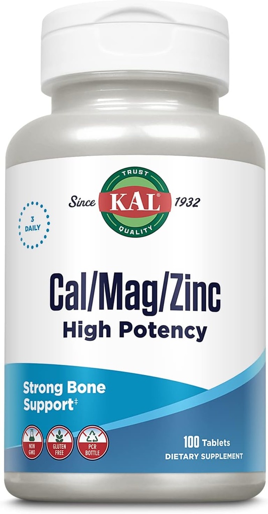 KAL Cal/Mag/Zinc | 1000mg Calcium, 400mg Magnesium & 15mg Zinc | Bone, Muscle, Heart & Immune Support | 100ct, 33 Serv