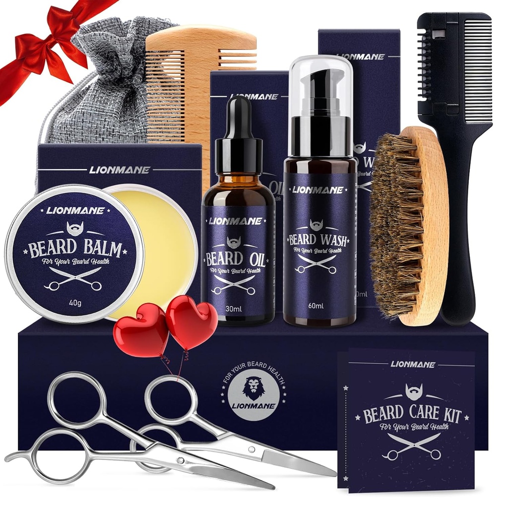 Lionmane Beard Care Christmas Gifts Kit for Men, Beard Mustache Grooming Kit-Beard Balm, Beard Wash, Beard Oil, Brush, Scissors, Birthday Anniversary Thanksgiving Gifts for Husband/Boyfriend/Dad/Him