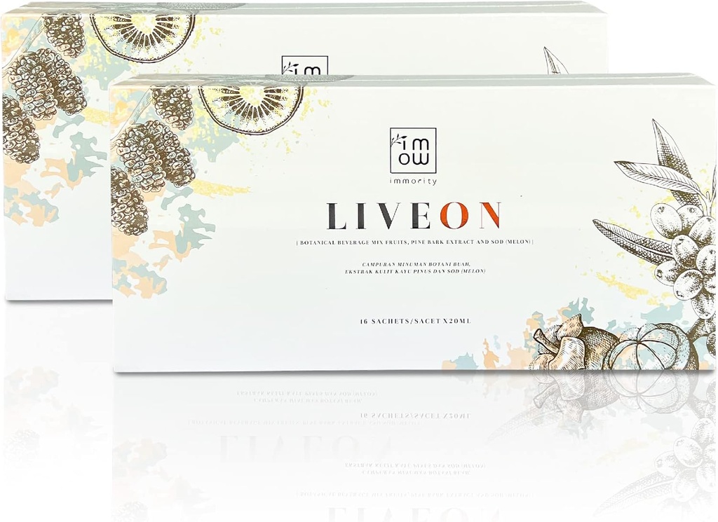 2 Boxes Immority Liveon 100% Natural Pine Bark Extract Beverage Mix Fruits [16 Sachets x 20ml] – 4X Powerful Antioxidant Reverse Sign of Aging, Anti Wrinkles & Fine Lines to Support Youthful Skin
