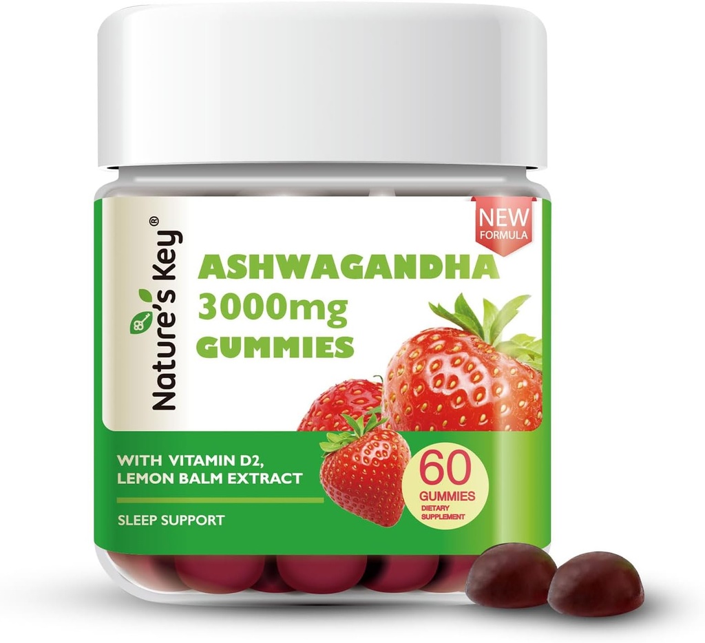 Nature's Key Upgraded 2.0 Ashwagandha Gummies, 3000mg Extra Potency Ashwagandha Supplement | with Vitamin D2, Lemon Balm, & Black Pepper ，for Stress Relief and Good Sleep (60 Count, Pack of 1)