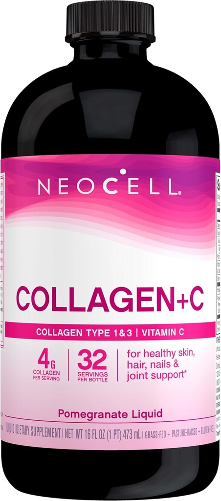 NeoCell Collagen Peptides + Vitamin C Liquid, 4g Collagen Per Serving, Gluten Free, Types 1 & 3, Promotes Healthy Skin, Hair, Nails & Joint Support, Pomegranate, 16 Oz