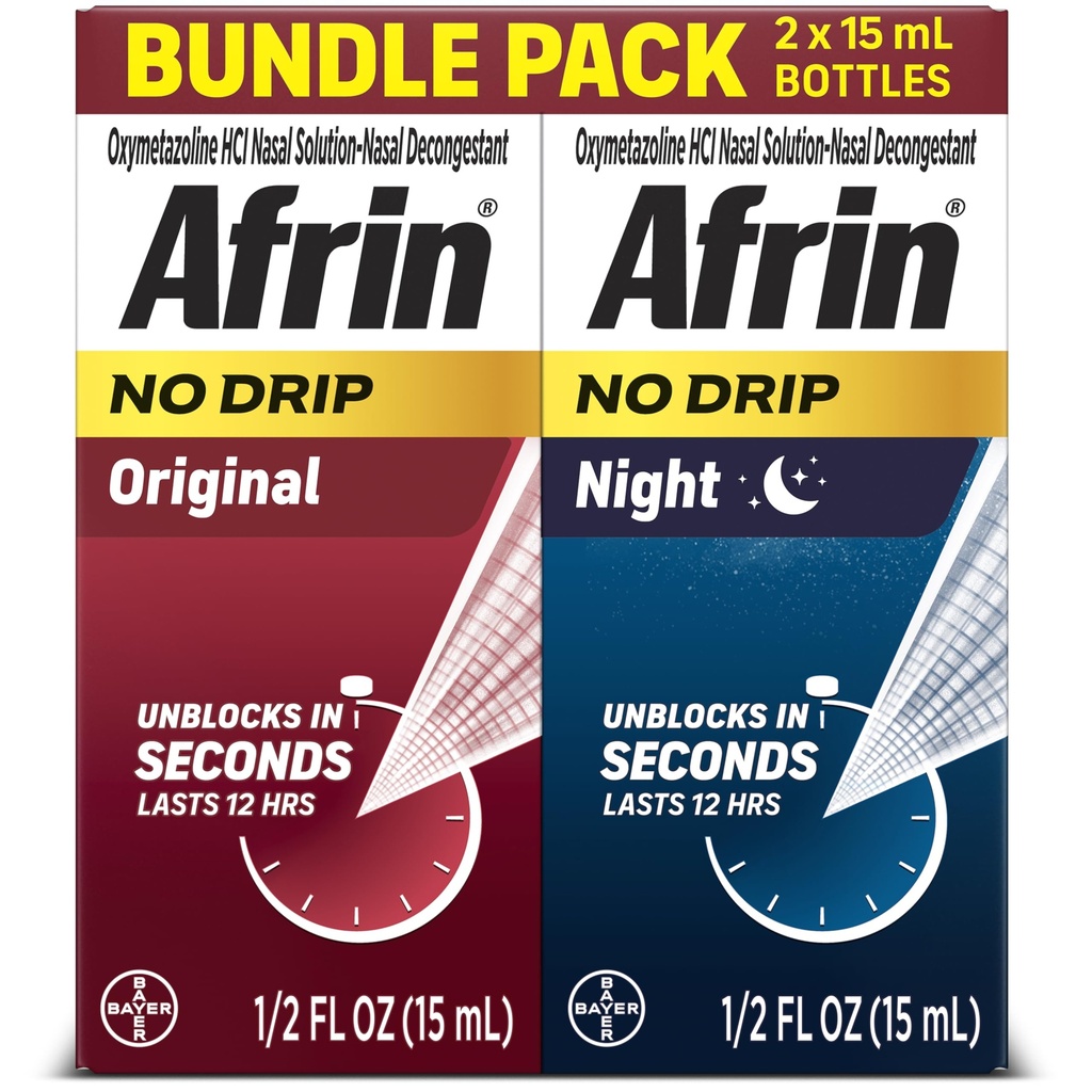 Afrin No Drip Original + Night Nasal Mist Bundle Pack, Non-Drowsy, Fast-Acting Decongestant for Nasal Congestion and Sinus Pressure Relief, Adults and Children 6 and Older, .5 fl oz (Pack of 2)