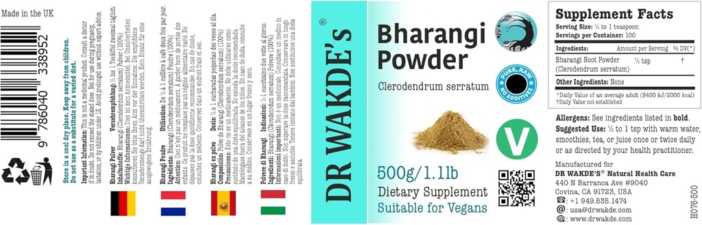 DR WAKDE'S Bharangi Powder (Clerodendrum serratum) - 500g (1.1lb) | Pure, Raw & Dried Powder | Natural Aroma and Freshness | Fine Powder | Vegan | Premium Grade | Nothing Added, Nothing Removed
