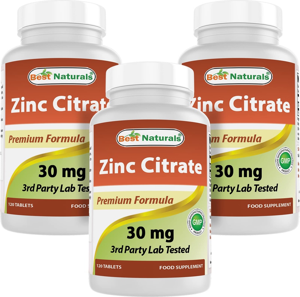 Best Naturals Zinc 30mg Supplements (as Zinc Citrate) - zinc Vitamins for Adults Immune Support - 120 Tablets (120 Count (Pack of 3))