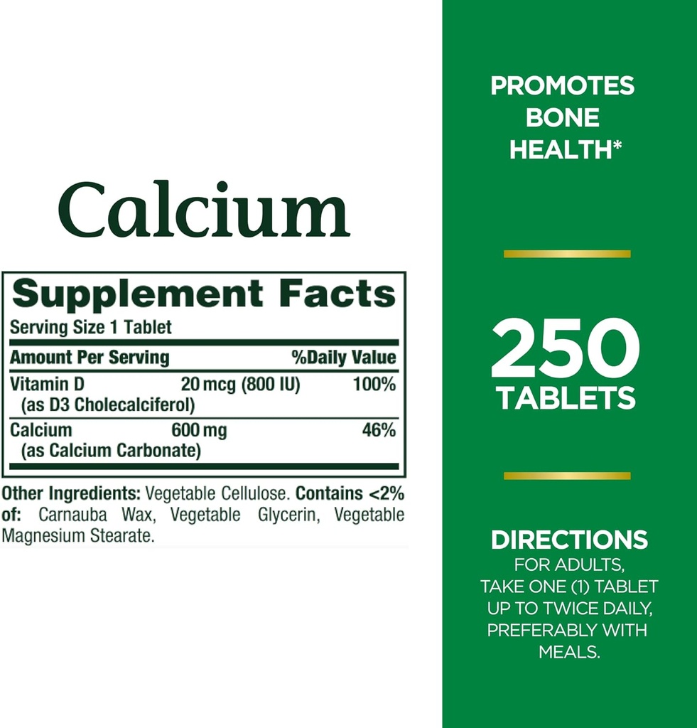 Nature's Bounty Calcium Carbonate & Vitamin D, Supports Immune Health & Bone Health, 600mg Calcium & 800IU Vitamin D3, 250 Tablets (Pack of 2)