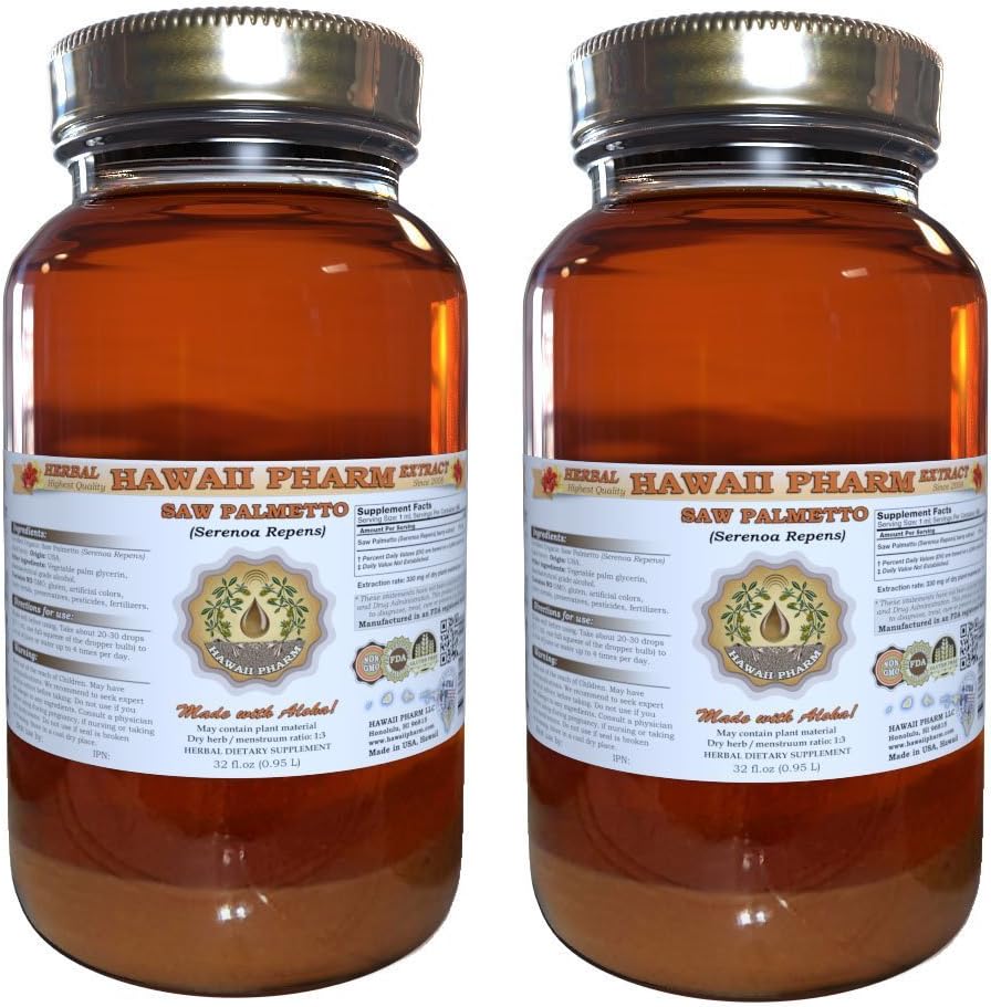 Saw Palmetto Liquid Extract, Organic Saw Palmetto (Serenoa Repens) Tincture, Herbal Supplement, Hawaii Pharm, Made in USA, 2x32 fl.oz