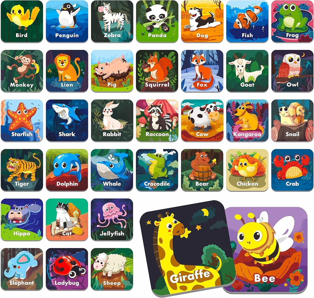 Hebayy 36 Pair Animal Matching Memory Game Flash Cards for Toddlers, Preschool, Kindergarten and Home. Erasable, Fun & Fast, Travel Friendly, Skill Building. Size 2” x 2”(5 x 5 cm)