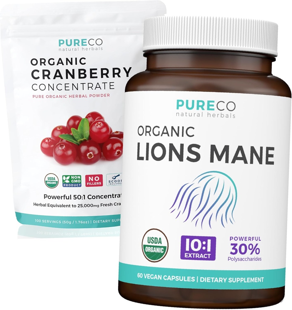 Cranberry Powder & Lions Mane (1-Month Supply) Mindful Cranberry Bundle of Organic Cranberry Concentrate Powder 50:1 Extract (100 Scoops) & Organic Lions Mane Mushroom 10:1 Extract (60 Caps)