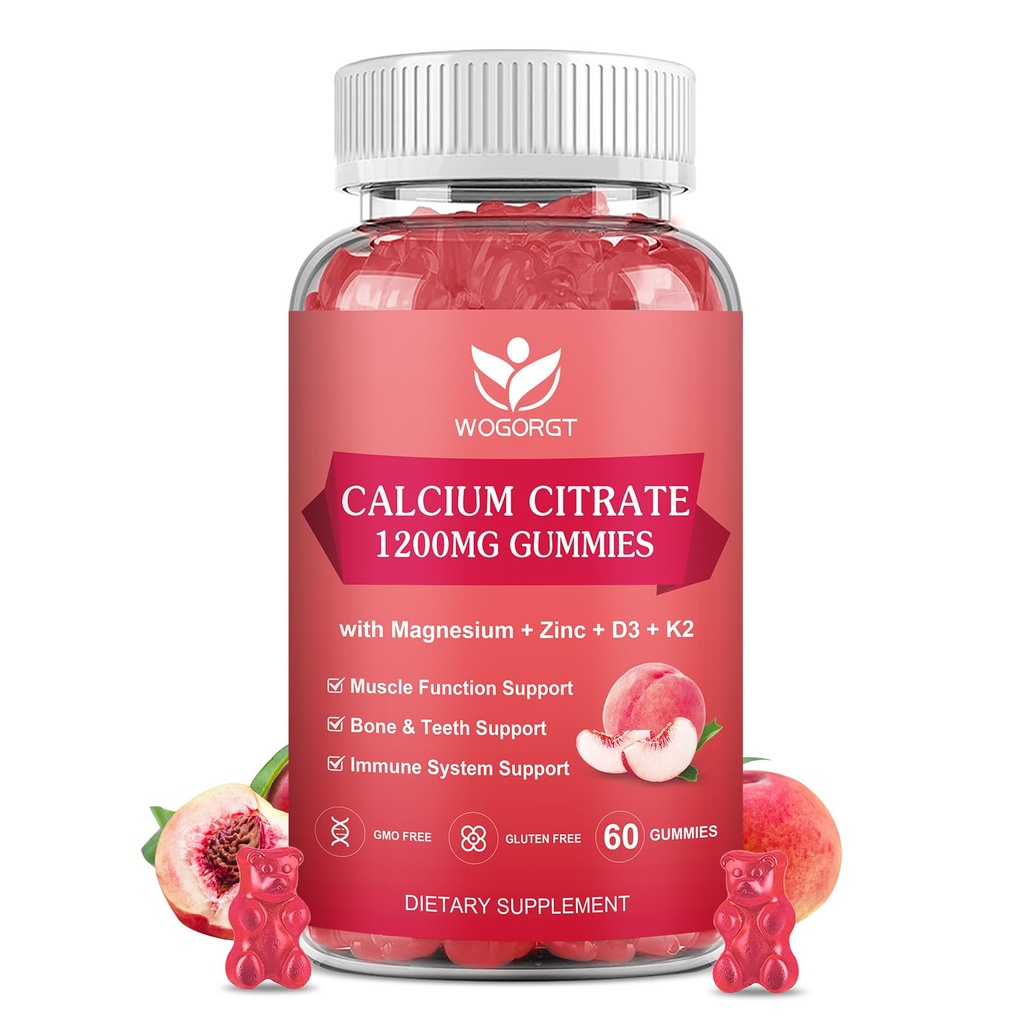 Calcium Citrate 1200mg Gummies with Vitamin D3 K2 - Chewable Calcium Magnesium Zinc d3 Supplement with Sea Moss Extract for Bone, Teeth, Immune Support for Women & Men, White Peach Flavor - 60 Gummies