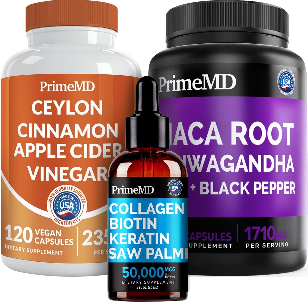 5-in-1 Ceylon Cinnamon (120ct), 4-in-1 Biotin Collagen Keratin Saw Palmetto (2 fl oz - 1 Pack) & 6-in-1 Maca Root Ashwagandha (120ct) Bundle - Energy, Mood, Hair, Skin & Immune Support Supplement