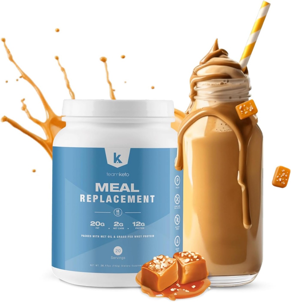 TeamKeto Meal Replacement Powder Gluten Free Contains MCT powder, coconut oil, grass-fed whey protein powder & 100% natural flavors for Boost Ketosis- Low Carbs & Energy Boost- 742g- Salted Caramel