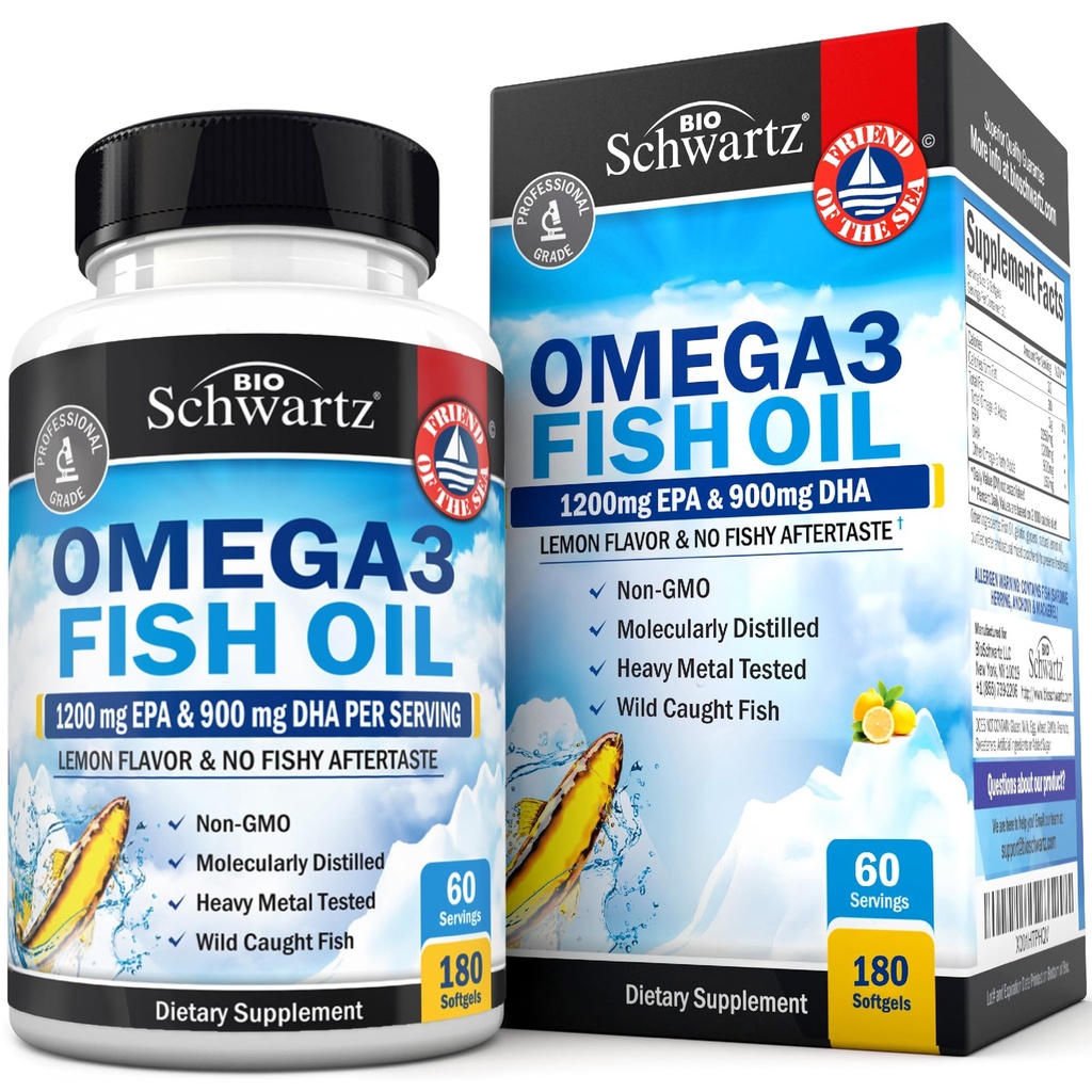 Triple Strength Omega 3 Fish Oil 3000mg - High Potency Omega 3 Supplement for Women and Men, Burpless Lemon Flavor Fish Oil - 2250mg Essential Fatty Acids with DHA & EPA, Wild Caught, 180 Softgels