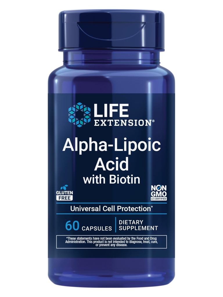 Life Extension Alpha-Lipoic Acid with Biotin, for Cell Protection, Universal antioxidant for Liver & Nerve Health, Gluten-Free, Non-GMO, 60 Capsules