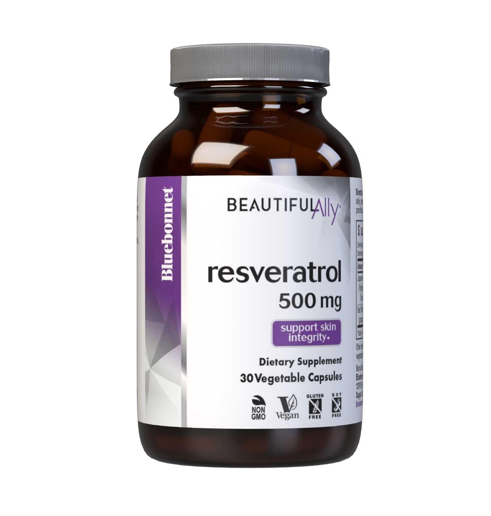 Bluebonnet Nutrition Beautiful Ally Resveratrol 500mg, Protect Skin Integrity*, Non-GMO, Vegan, Gluten-Free, Soy-Free, Dairy-Free, 30 Vegetable Capsules, 30 Servings